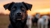 Close up portrait of black mixed breed dog with soulful eyes against golden sunset sky, with blurred sheep herd in background, emotional pet photography.