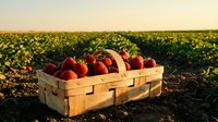 Fresh ripe strawberries in wooden basket at sunset strawberry field farm harvest organic fruit agriculture summer crop picking season rural countryside.