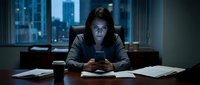 Stressed businesswoman working late at night in modern office with city skyline view, holding smartphone while reviewing documents at desk.
