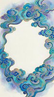 Ornate blue and purple cloud border frame with golden swirls in traditional Asian style, watercolor texture with empty center space for text or design.