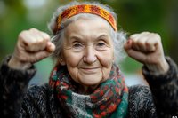 Cheerful elderly Caucasian woman with gray hair wearing colorful headband and scarf, raising fists in victory gesture, smiling outdoors in natural setting.