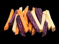 Assorted vegetable fries isolated on transparent background, including sweet potato, purple potato, and parsnip strips. Ready for clipart, print-on-demand, sublimation, t-shirt design, and sticker applications.