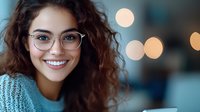 Young Hispanic woman with curly hair and glasses smiling warmly at camera. Natural bokeh background with soft lights creates welcoming professional atmosphere.