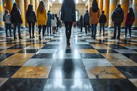 Diverse crowd walking on checkered marble floor in modern building interior, low angle view capturing movement and reflective surfaces in warm lighting.
