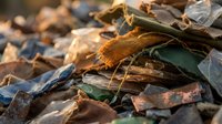 Autumn leaves scattered on ground with warm sunlight creating golden hour lighting effects. Natural fall foliage in brown and orange tones for seasonal designs.