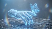 Digital holographic hand with glowing butterfly emerging from circuit board representing AI technology, innovation and futuristic computing concepts.