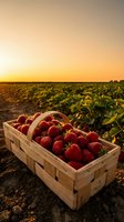 Fresh ripe strawberries in wooden crate at sunset on farm field with strawberry plants growing in rows during golden hour harvest time.
