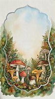 Watercolor forest mushroom frame with decorative border featuring red spotted toadstools, ferns and autumn foliage on textured paper background.
