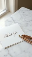 Elegant thank you card with gold calligraphy and rose gold fountain pen on marble surface near window for wedding stationery and gratitude notes.