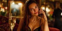 Young attractive woman with long brown hair talking on phone in elegant restaurant with champagne glass and warm ambient lighting for lifestyle content.