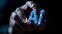 Hand reaching for glowing blue AI text with sparkle particles against dark background, representing artificial intelligence and future technology concept.