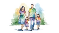 Happy family of four walking together outdoors with watercolor background. Parents with two young daughters enjoying quality time in nature setting.