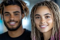 Young mixed race couple with dreadlocks smiling at camera in modern indoor setting. Happy African American man and woman with natural hairstyles portrait.