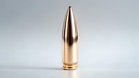 Metallic copper-colored bullet ammunition isolated on light gray background, showing detailed texture and reflective surface. Military and defense concept.