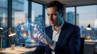 Professional businessman analyzing holographic data visualization on tablet in modern office environment with city skyline background during evening hours.