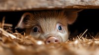 Curious piglet with bright blue eyes peeking through golden straw, close-up view showing innocent expression and pink snout in natural farm setting.