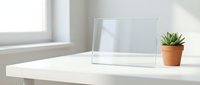 Minimalist white desk setup with clear acrylic frame and small potted succulent plant in terracotta pot by bright window for modern office decor.