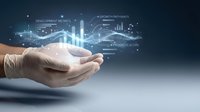 Businessman hand holding glowing digital charts and growth graphs with data analytics icons, representing financial success, business development metrics, and digital transformation strategy.