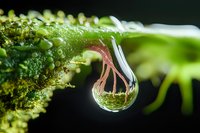 Macro photography of water droplet on cannabis plant with resin trichomes reflecting light, showing intricate details and crystalline structure in natural lighting.