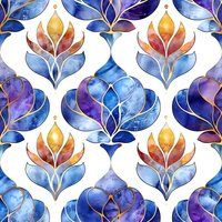 Elegant watercolor damask pattern with blue and gold lotus flowers. Seamless oriental motif featuring deep indigo, purple and coral petals with metallic golden details on white background.