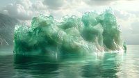 Majestic emerald green iceberg floating in calm arctic waters under dramatic cloudy sky, reflecting in tranquil ocean surface with mountainous backdrop.