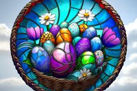 Decorative Easter eggs and spring flowers in woven basket against sky background, stained glass style artwork with vibrant colors and ornate details.