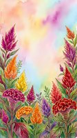 Watercolor celosia flowers in vibrant red, orange, purple and yellow with green leaves on a soft rainbow pastel background with copy space.