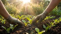 Hands in gardening gloves protecting young green seedlings in rich soil with warm sunlight streaming through garden creating sustainable agriculture scene.