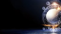Futuristic sphere with glowing energy rings and floating orbs against dark background, digital network visualization for technology presentations.