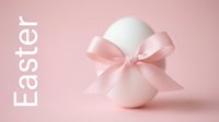 White Easter egg with pink satin bow on pastel pink background, spring holiday greeting card concept with copy space.