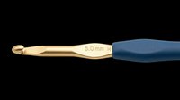 Crochet hook with gold-plated metal shaft and navy blue ergonomic handle, isolated on transparent background. Ready for crafting tutorials, product design, and print-on-demand merchandise.
