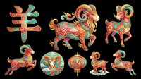 Colorful Chinese zodiac goat set with decorative rams, lantern, and calligraphy symbol, isolated on transparent background, ready for stickers, sublimation, and print on demand.