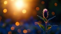 Magical glowing thistle flower against blurred bokeh sunset background with water drops and sparkles creating dreamy nature atmosphere.