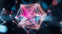 Glowing geometric network structure with pink and blue neon lines connecting nodes against dark background with bokeh lights, representing digital connectivity.