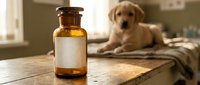 Amber glass medicine bottle with blank label on wooden table in veterinary clinic with golden retriever puppy in background for pet healthcare concepts.