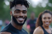 Happy young African American man with curly hair and beard smiling at camera with blurred woman in background outdoors during social gathering or event.