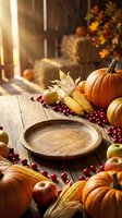 Autumn harvest arrangement with empty wooden plate surrounded by pumpkins, corn, apples, and cranberries on rustic table with warm sunlight for seasonal dining and holiday content.