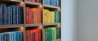 Colorful books arranged by color on wooden shelves creating a vibrant rainbow gradient in a modern home library interior.