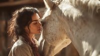 Young woman with dark curly hair sharing intimate moment with white horse in rustic stable setting, illuminated by warm natural light.