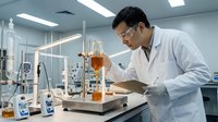 Asian male scientist in white lab coat conducting chemical experiment with orange solution in modern laboratory setting for research and development.