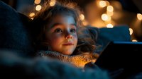 Young Caucasian girl lying in bed illuminated by warm tablet glow and bokeh lights, creating magical evening atmosphere while reading digital bedtime story.