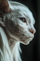 Close-up portrait of white alien creature with feline features against dark background, showing detailed skin texture and mysterious atmosphere for sci-fi projects.