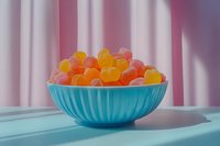 Colorful gummy candies in turquoise bowl on pastel background for sweet treats and confectionery marketing materials.