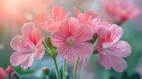 Delicate pink geranium flowers in full bloom against soft blurred background, with detailed petals and stamens creating romantic spring garden atmosphere.