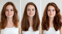 Young Caucasian woman with three different brown hairstyles showing hair transformation options for beauty salon services and styling choices.