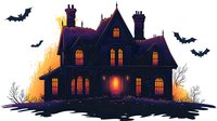 Spooky Victorian mansion silhouette with glowing orange windows against sunset sky, flying bats and bare trees create haunting Halloween atmosphere.