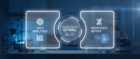 Data analytics dashboard with neon glowing interface showing optimal system status and biometric report metrics for technology and business intelligence applications.