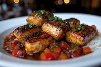Grilled glazed salmon fillets with caramelized exterior served on fresh tomato salsa, garnished with chopped herbs, presented on white plate in restaurant setting.