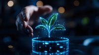 Glowing blue holographic plant sprouting from soil with hand reaching towards it, representing growth, innovation and sustainable technology in dark environment with bokeh lights.