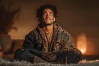 Young mixed-race man with curly hair meditating peacefully in warm candlelit room, sitting cross-legged in comfortable clothing during evening relaxation.